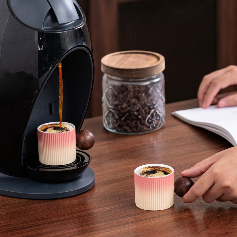 CLASGLAZ Ceramic Mini Espresso Cups Demitasse Cups with Round Wooden Handle Vertical Stripes Tea Cups (Beige&Pink, 2pcs) - Image 2