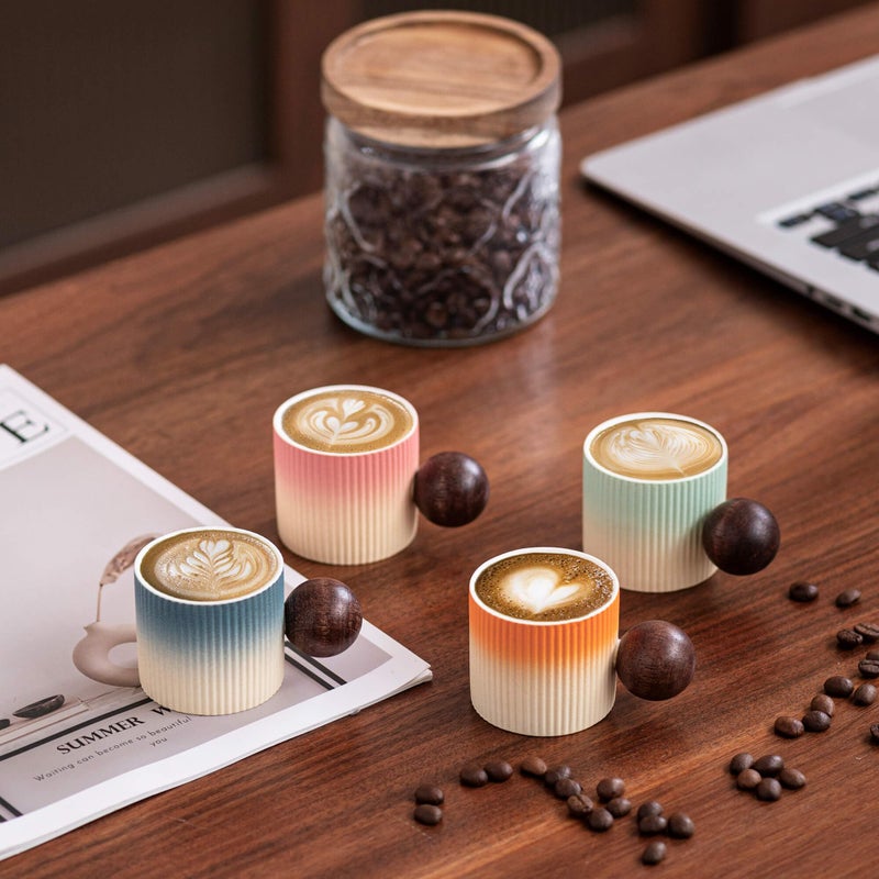 CLASGLAZ Ceramic Mini Espresso Cups Demitasse Cups with Round Wooden Handle Vertical Stripes Tea Cups (Beige&Pink, 2pcs) - Image 3