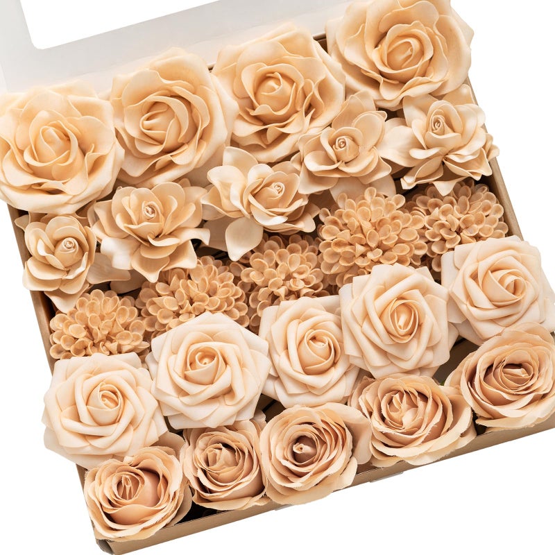 Ling's moment Ling's Moment Artificial Flowers Fake Silk Roses Faux Dahlia Foam Gardenia Combo for DIY Wedding Bouquets Centerpieces Arrangements Bridal Shower Party Home Decorations  Apricot & Peach  24pcs - Image 1