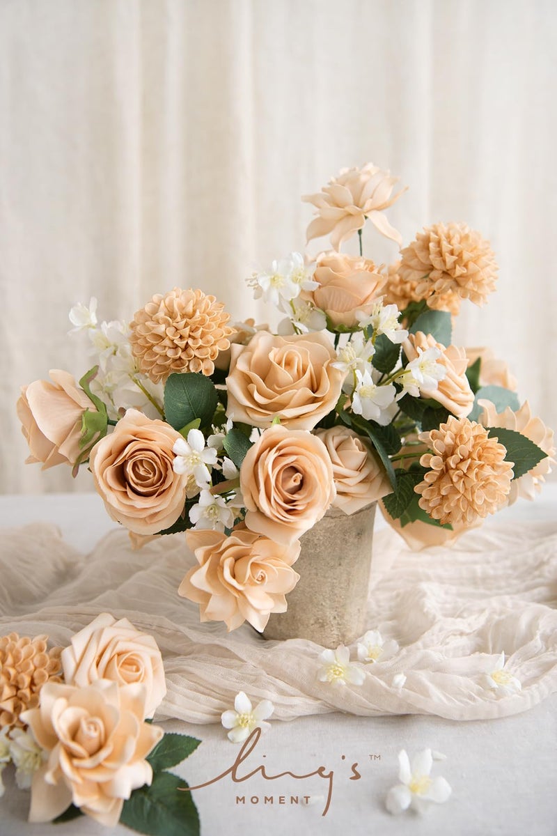 Ling's moment Ling's Moment Artificial Flowers Fake Silk Roses Faux Dahlia Foam Gardenia Combo for DIY Wedding Bouquets Centerpieces Arrangements Bridal Shower Party Home Decorations  Apricot & Peach  24pcs - Image 2