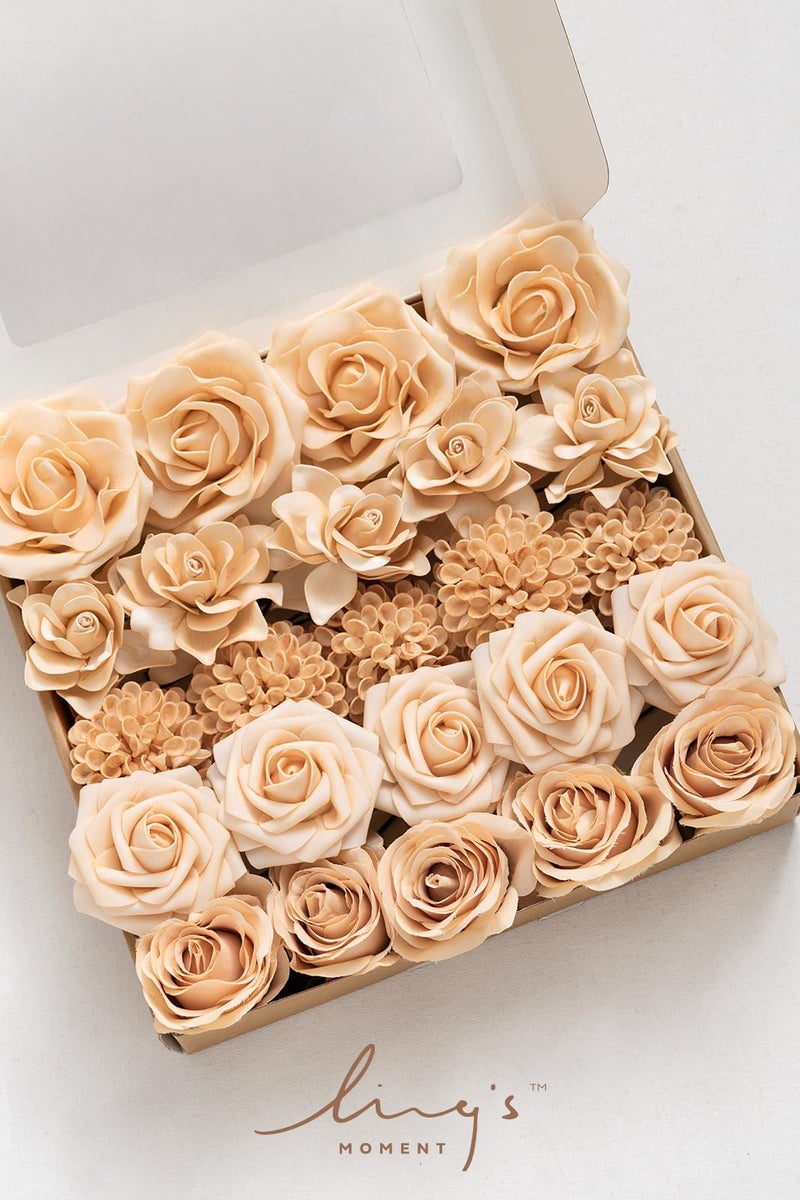 Ling's moment Ling's Moment Artificial Flowers Fake Silk Roses Faux Dahlia Foam Gardenia Combo for DIY Wedding Bouquets Centerpieces Arrangements Bridal Shower Party Home Decorations  Apricot & Peach  24pcs - Image 3