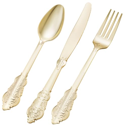 Bestluck 150PCS Gold Plastic Silverware for 50 Guests Heavy Duty Gold Disposable Utensils Sets Includes 50 Forks 50 Spoons 50 Knives Elegant Cutlery Perfect for Wedding Party