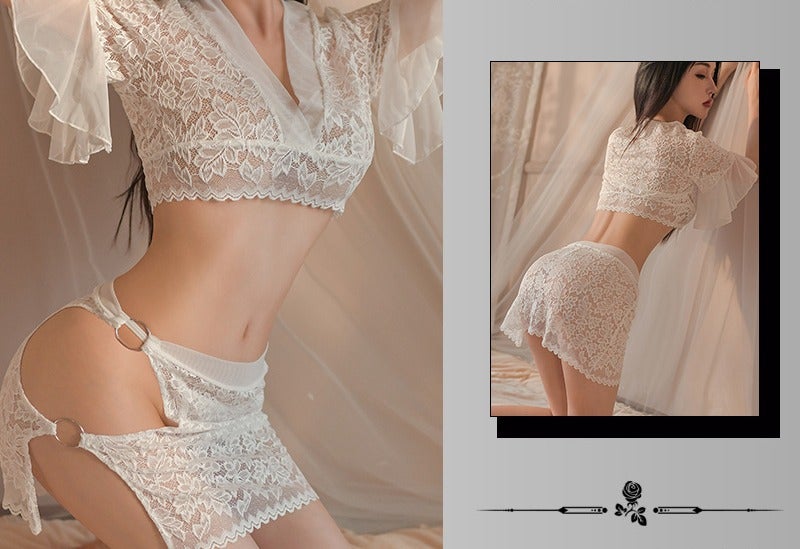 Textile Women's Lace Trim Sleepwear Set, Side Slit Design, Lightweight Comfortable Homewear