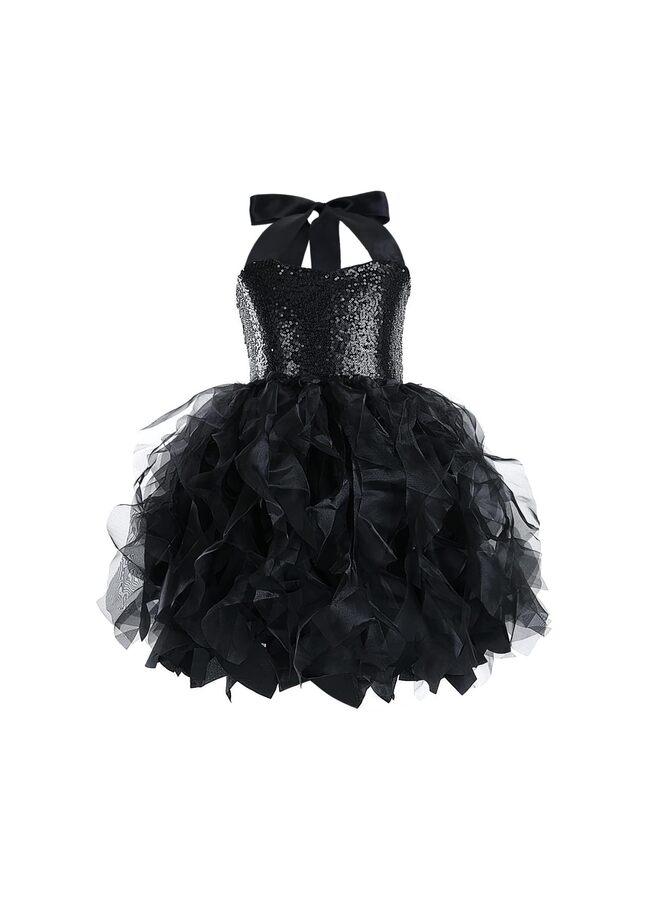 LAMAY Tutu Dress for Girls Sparkly Sequin Tulle Princess Birthday Party Prom Outfit Toddler Girls Sneaker Ball Gown Dress (Black, 125) - Image 1