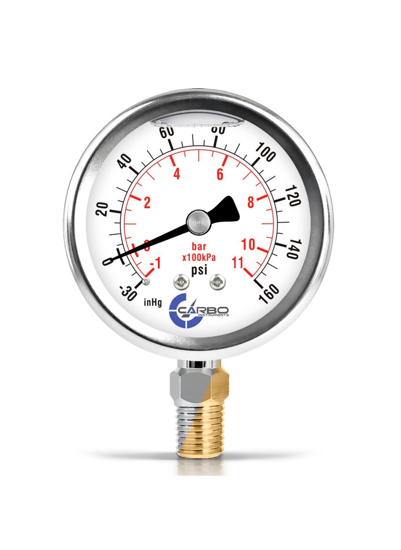 CARBO INSTRUMENTS CARBO Instruments Stainless Steel Pressure Gauge Dual Display (-30 Hg - 0-160 psi/kPa) - 2 1-2" Glycerine Liquid Filled Water Air Oil Gas Gauge with Polycarbonate Lens - Compound Vacuum - 1/4" NPT  - Image 1
