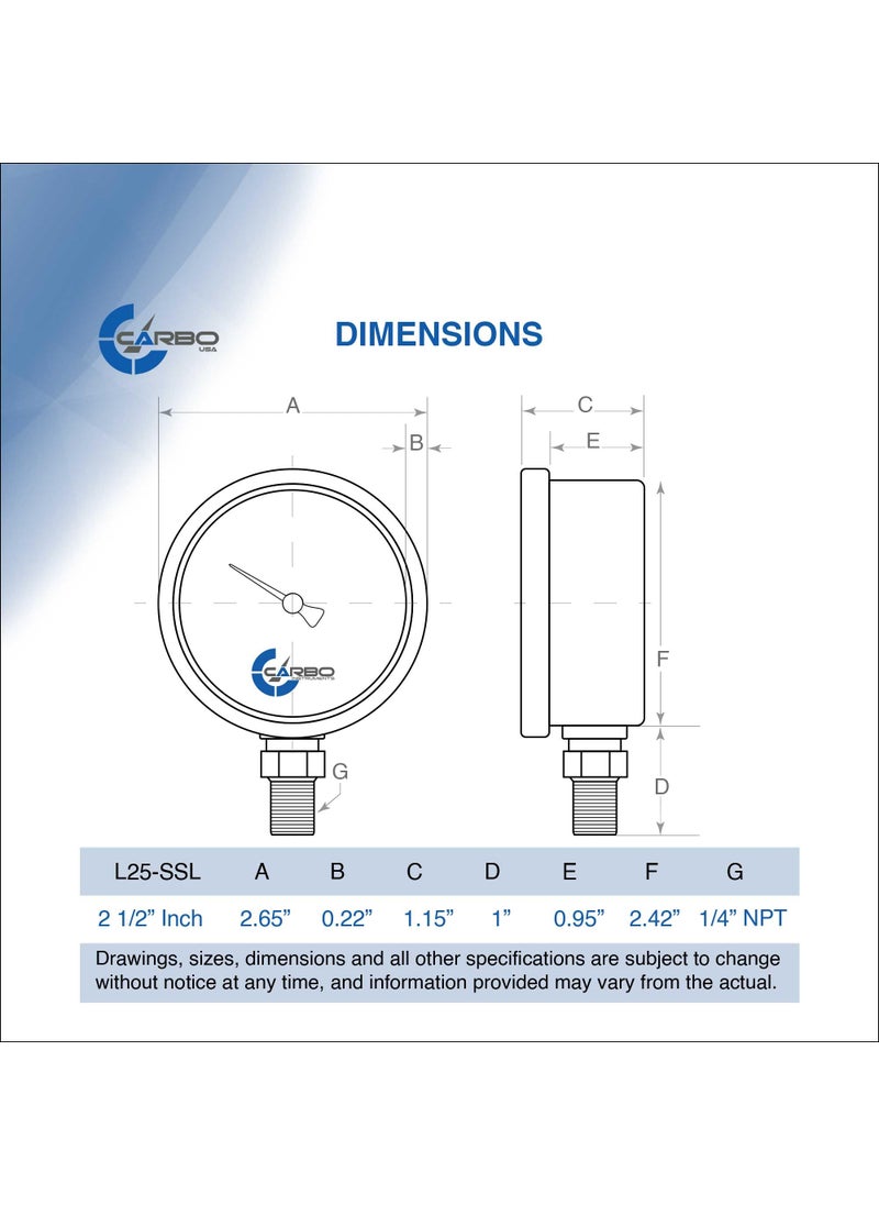 CARBO INSTRUMENTS CARBO Instruments Stainless Steel Pressure Gauge Dual Display (-30 Hg - 0-160 psi/kPa) - 2 1-2" Glycerine Liquid Filled Water Air Oil Gas Gauge with Polycarbonate Lens - Compound Vacuum - 1/4" NPT  - Image 3