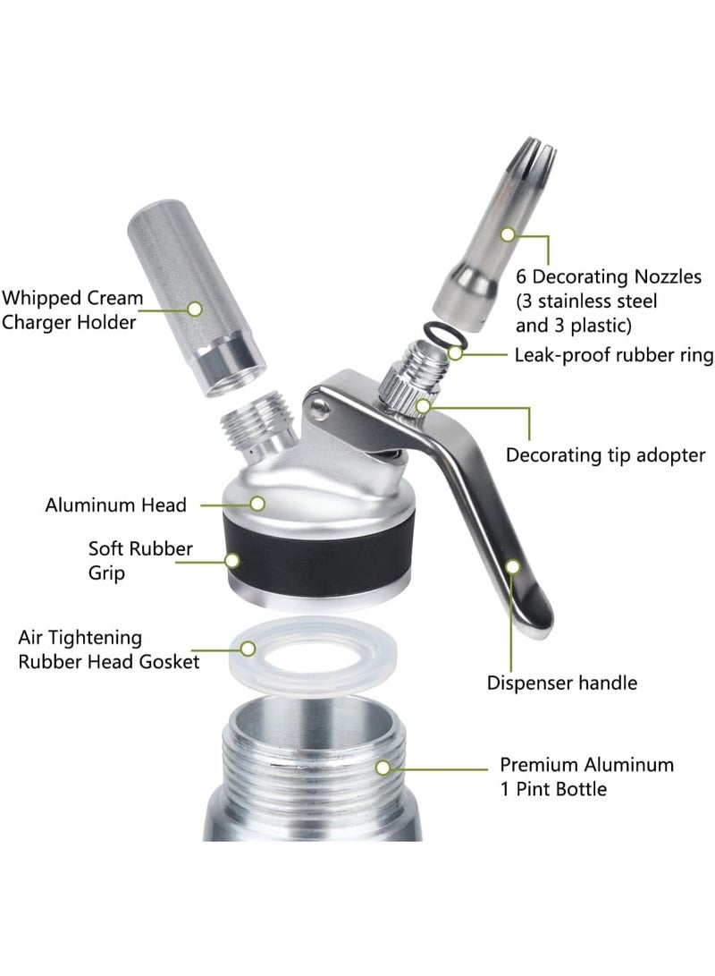 موزع كريمة مخفوقة، شاحن كريمة مخفوقة سعة 500 مل مع جسم ورأس من الألومنيوم القوي، صانعة كريمة مع 3 فوهات تزيين - Image 2