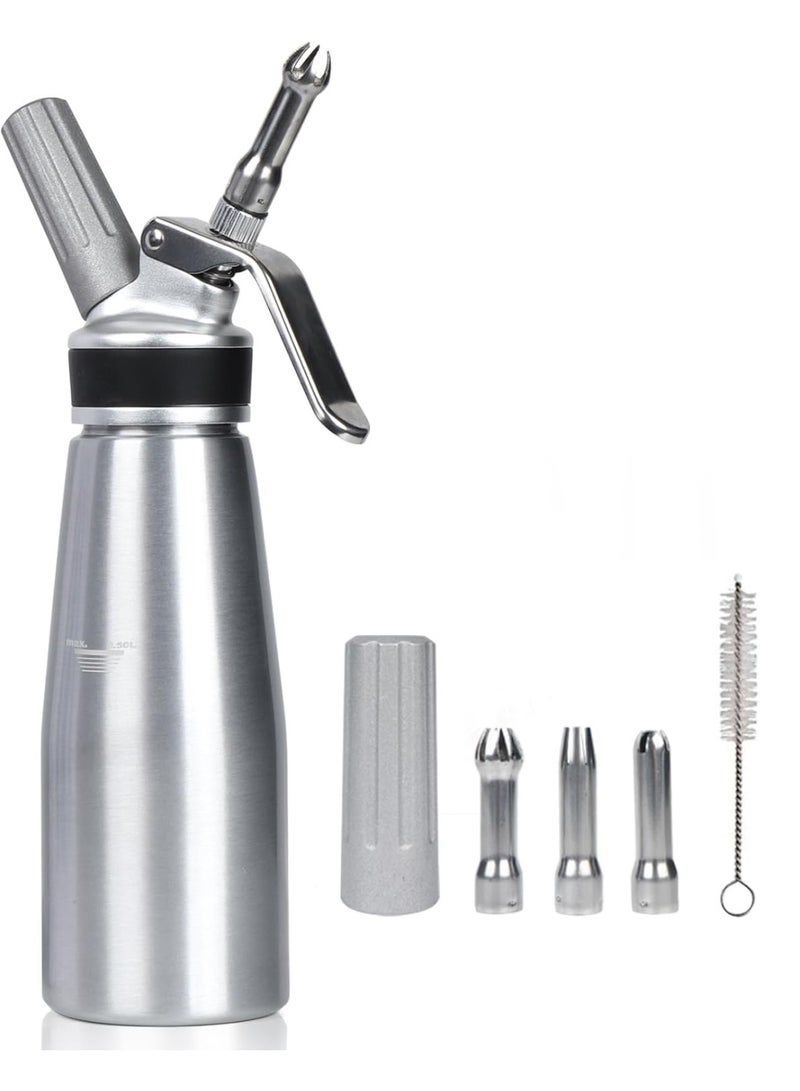 موزع كريمة مخفوقة، شاحن كريمة مخفوقة سعة 500 مل مع جسم ورأس من الألومنيوم القوي، صانعة كريمة مع 3 فوهات تزيين - Image 1