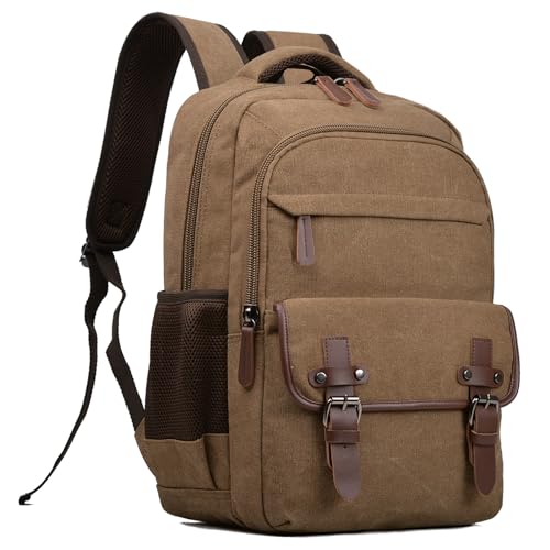 CROCOD Canvas Laptop Backpack, Vintage Daypack for Men Women,Travel Work Rucksack College Bookbag Computer Bag Fits 15.6 Inch Laptop (Coffee) - Image 1