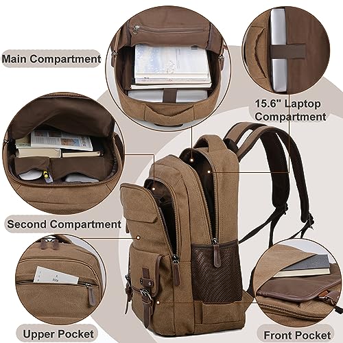 CROCOD Canvas Laptop Backpack, Vintage Daypack for Men Women,Travel Work Rucksack College Bookbag Computer Bag Fits 15.6 Inch Laptop (Coffee) - Image 3