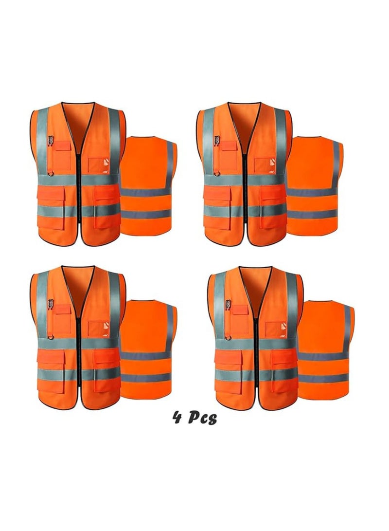 Yuwell Reflective Safety Vests High Visibility Breathable Day Night Warning Jacket with Zipper And 5 Pockets For Construction Traffic Cycling Safety Purpose Large 4 Pcs - Image 1