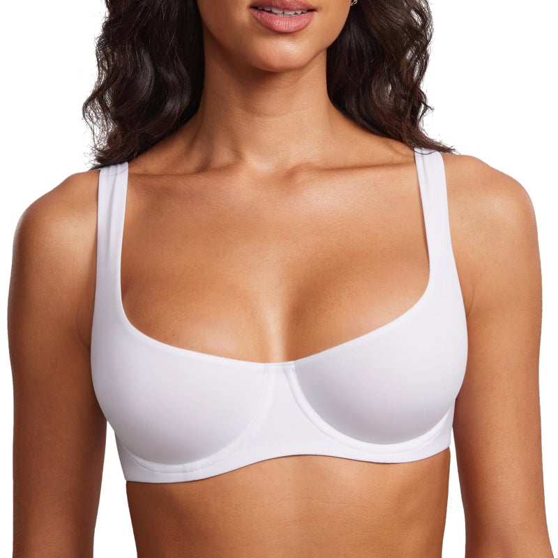 DOBREVA Women's Unlined Balconette Bra Underwire Supportive Plus Size Smooth Scoop Neck White - Unlined 34B - Image 1