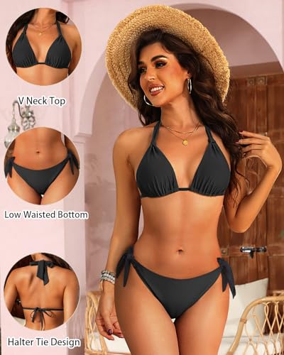 Aqua Eve Women Halter Bikini Set - Two Piece Triangle Swimsuit Tie Bathing Suit 2025 Cute Swimwear Black Medium - Image 5