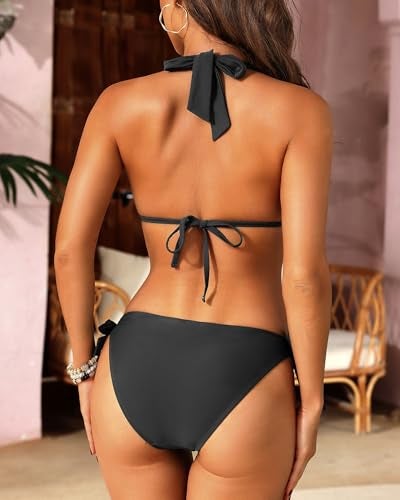 Aqua Eve Women Halter Bikini Set - Two Piece Triangle Swimsuit Tie Bathing Suit 2025 Cute Swimwear Black Medium - Image 2