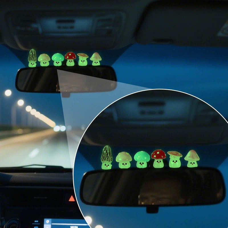 lasuroa 6pcs Glow in The Dark Mini Mushroom Car Decor, Cute Luminous Tiny Resin Mushroom Rear View Mirror Decoration Dashboard Small Figurines Miniature Touchscreen Top Ornaments Fun Car Interior Accessories - Image 4