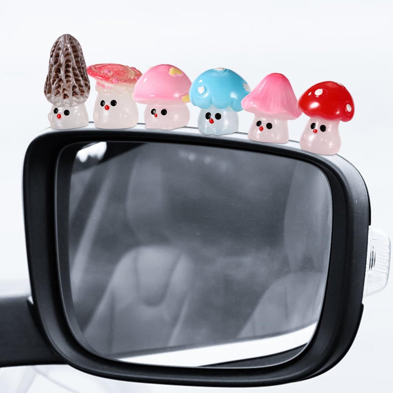 lasuroa 6pcs Glow in The Dark Mini Mushroom Car Decor, Cute Luminous Tiny Resin Mushroom Rear View Mirror Decoration Dashboard Small Figurines Miniature Touchscreen Top Ornaments Fun Car Interior Accessories - Image 1