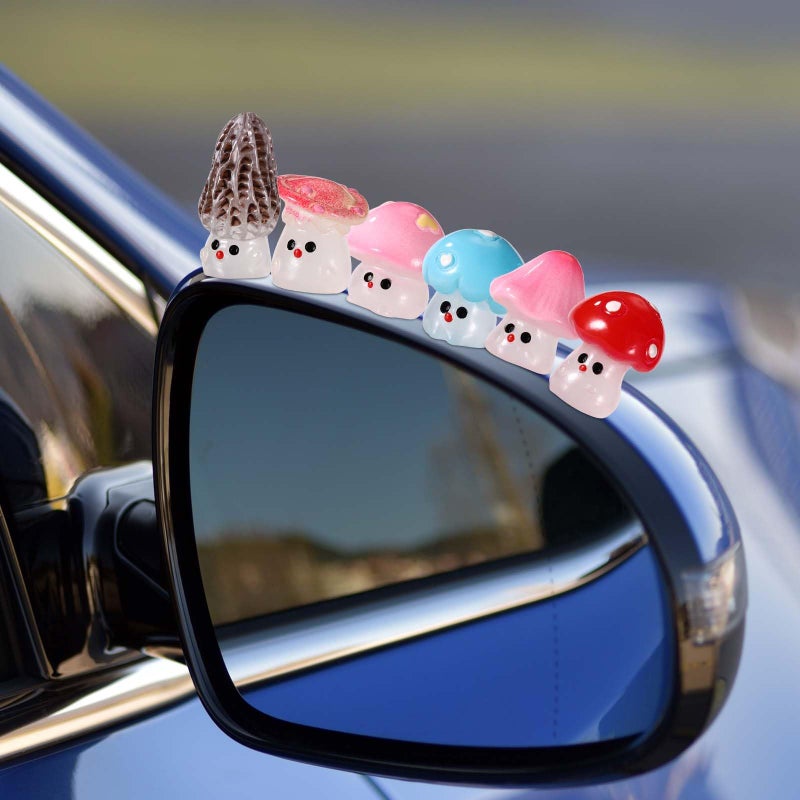 lasuroa 6pcs Glow in The Dark Mini Mushroom Car Decor, Cute Luminous Tiny Resin Mushroom Rear View Mirror Decoration Dashboard Small Figurines Miniature Touchscreen Top Ornaments Fun Car Interior Accessories - Image 3