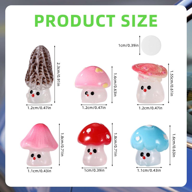lasuroa 6pcs Glow in The Dark Mini Mushroom Car Decor, Cute Luminous Tiny Resin Mushroom Rear View Mirror Decoration Dashboard Small Figurines Miniature Touchscreen Top Ornaments Fun Car Interior Accessories - Image 2