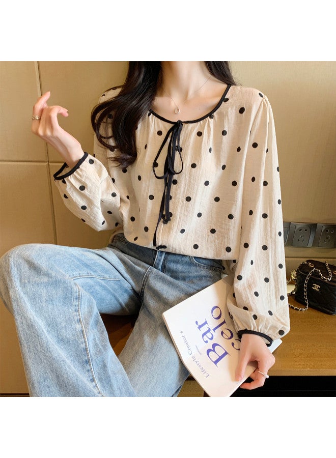 TonLion Spring Women's Round Neck Tie-dot Long Sleeve Blouse Sweet Cute Versatile Korean Style Casual Fashion - Image 2