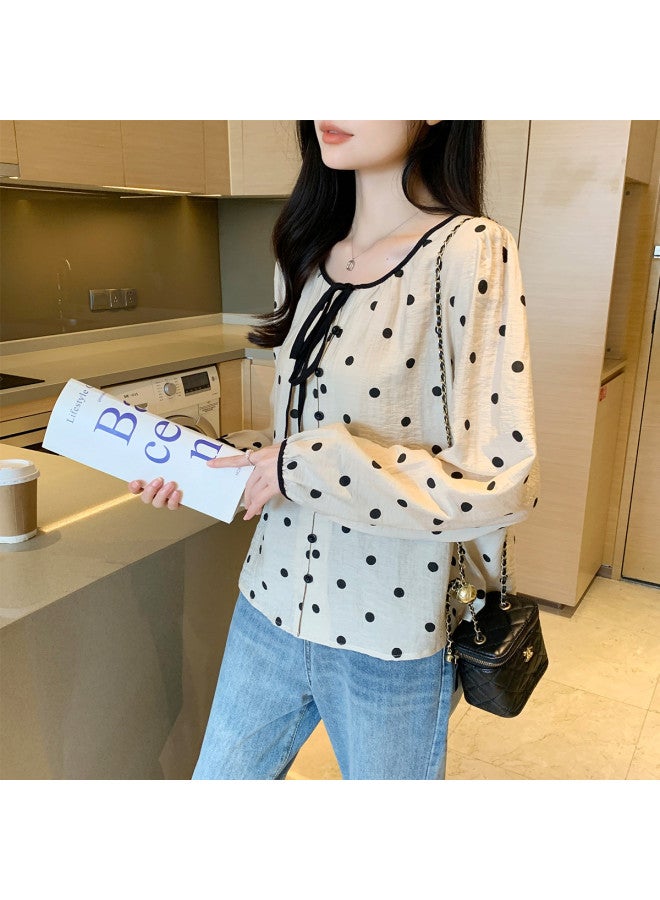 TonLion Spring Women's Round Neck Tie-dot Long Sleeve Blouse Sweet Cute Versatile Korean Style Casual Fashion - Image 5