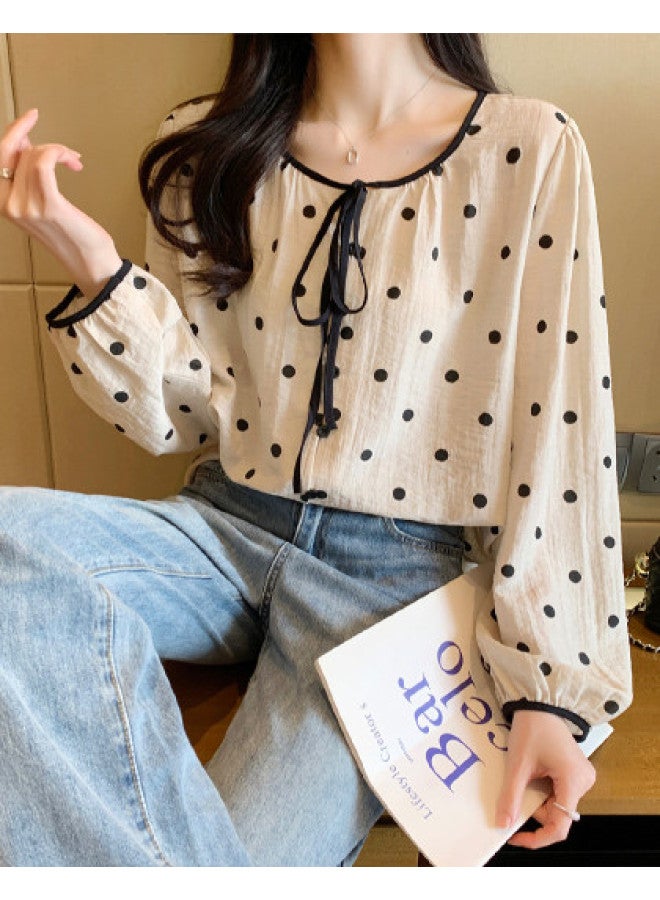 TonLion Spring Women's Round Neck Tie-dot Long Sleeve Blouse Sweet Cute Versatile Korean Style Casual Fashion - Image 1