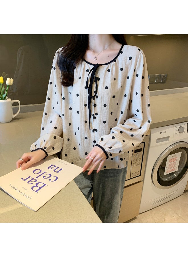 TonLion Spring Women's Round Neck Tie-dot Long Sleeve Blouse Sweet Cute Versatile Korean Style Casual Fashion - Image 3