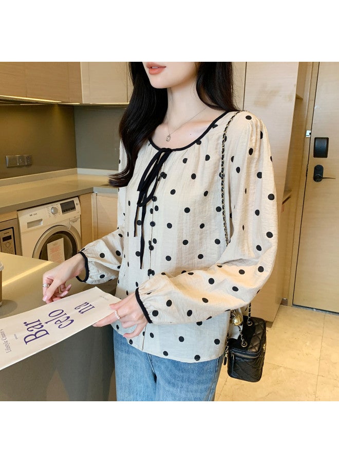 TonLion Spring Women's Round Neck Tie-dot Long Sleeve Blouse Sweet Cute Versatile Korean Style Casual Fashion - Image 4