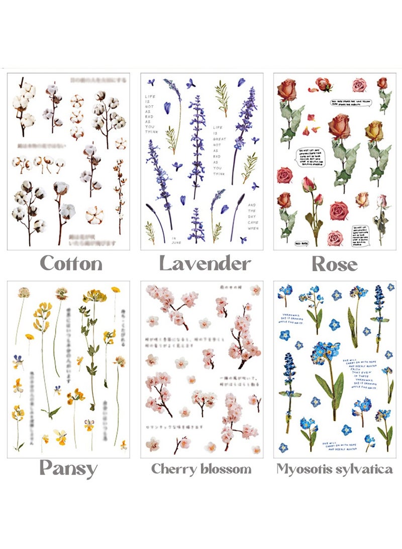 6 أوراق/مجموعة ملصقات زهور لمجلة ملصقات النباتات للمذكرات ملصقات زهور شفافة مقاومة للماء - Image 2