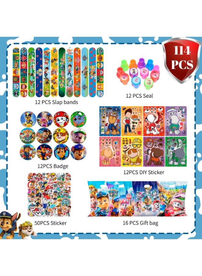 ILovhaprty Paw Patrol Party Favors for 12 Guests, 114pcs Pup Party Favors packs - Paw Patrol Gift Bag Badge Seal Slap Bands Sticker etc Pup-Themed Party Favors for Kids - Image 3