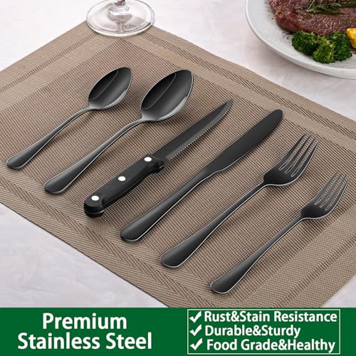 Dehov 24-Piece Black Silverware Set with Steak Knives, Black Flatware Set for 4, Food-Grade Stainless Steel Tableware Cutlery Set, Mirror Finished Knife Spoon And Fork Sets for Home Restaurant - Image 5