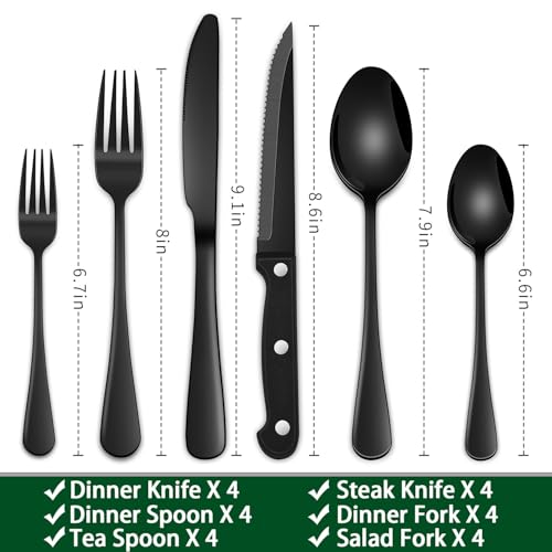 Dehov 24-Piece Black Silverware Set with Steak Knives, Black Flatware Set for 4, Food-Grade Stainless Steel Tableware Cutlery Set, Mirror Finished Knife Spoon And Fork Sets for Home Restaurant - Image 2