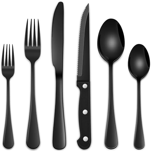 Dehov 24-Piece Black Silverware Set with Steak Knives, Black Flatware Set for 4, Food-Grade Stainless Steel Tableware Cutlery Set, Mirror Finished Knife Spoon And Fork Sets for Home Restaurant - Image 1