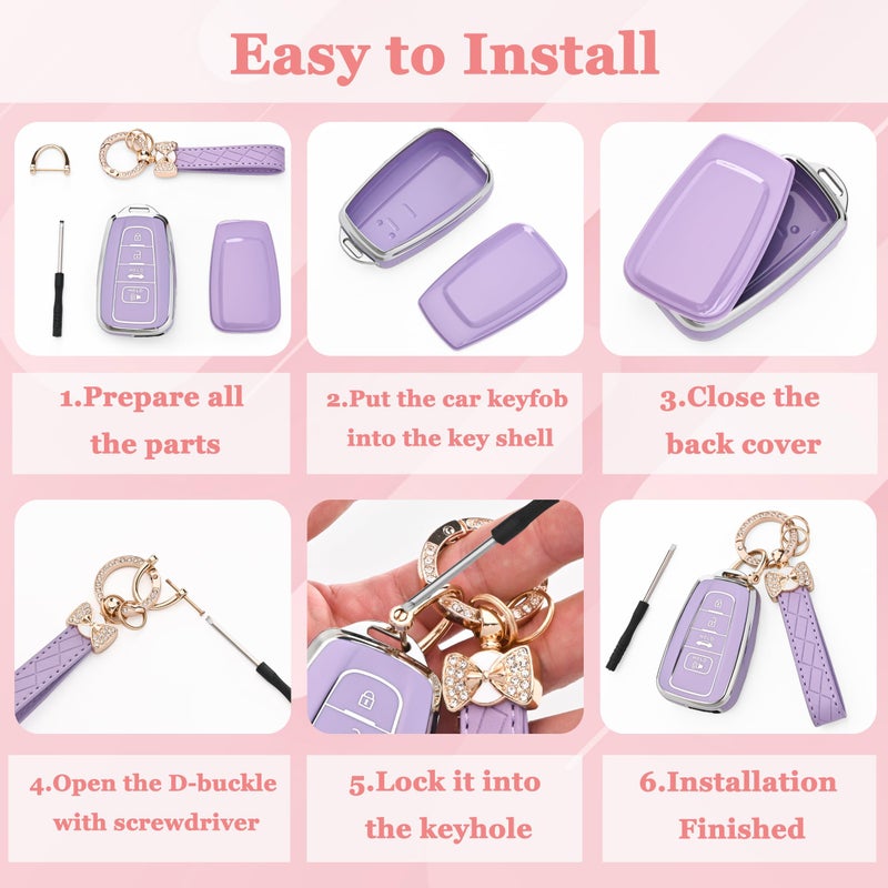 TECARATE for Toyota Key Fob Cover - Soft TPU Case Compatible with 2018-2024 RAV4 Camry Avalon Corolla Highlander C-HR Prius Corolla GT86 with Bling Keychain (Pink) - Image 5