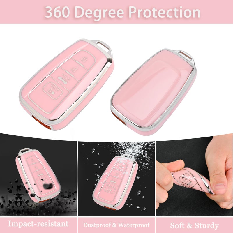 TECARATE for Toyota Key Fob Cover - Soft TPU Case Compatible with 2018-2024 RAV4 Camry Avalon Corolla Highlander C-HR Prius Corolla GT86 with Bling Keychain (Pink) - Image 3