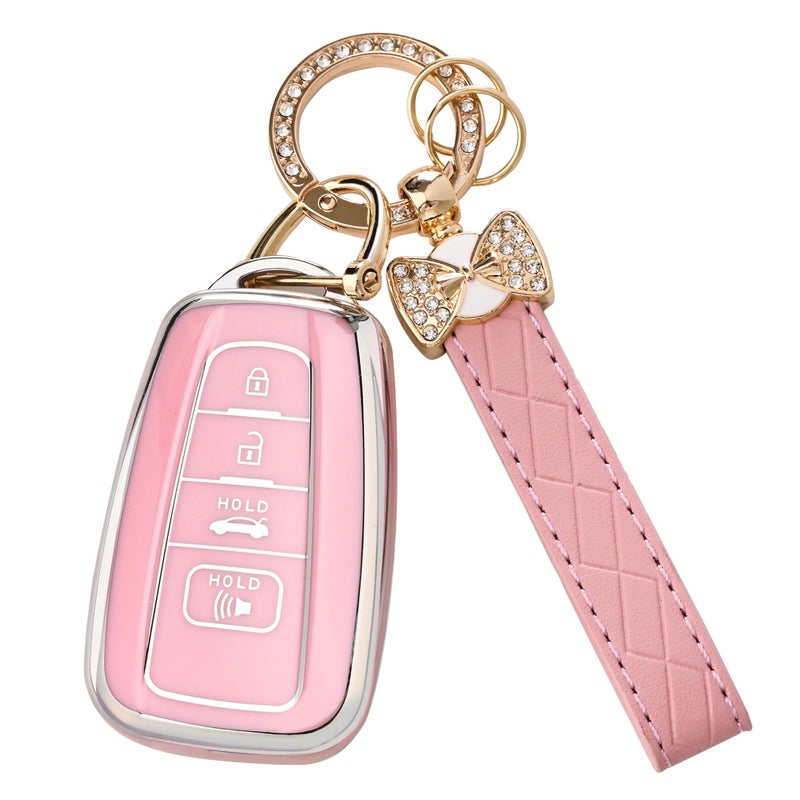 TECARATE for Toyota Key Fob Cover - Soft TPU Case Compatible with 2018-2024 RAV4 Camry Avalon Corolla Highlander C-HR Prius Corolla GT86 with Bling Keychain (Pink) - Image 1