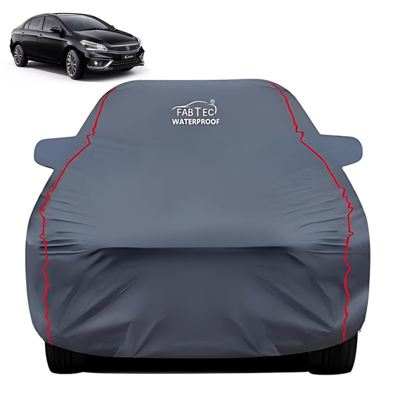FABTEC Waterproof Premium Car Cover for Maruti Ciaz Super Waterproof Car Body Cover Heavy Duty Durable PEVA Grey with Red Piping - Image 1