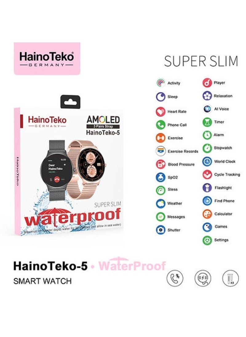Haino Teko Super Slim Smart Watch Round Shape AMOLED Display – Waterproof Fitness Tracker, AI Voice Assistance, Heart Rate Monitor, Sleep & Step Tracker, 3 Stylish Strap Options for Ladies, Lightweight Design, Compatible with Android & iOS, Black Color - Image 3