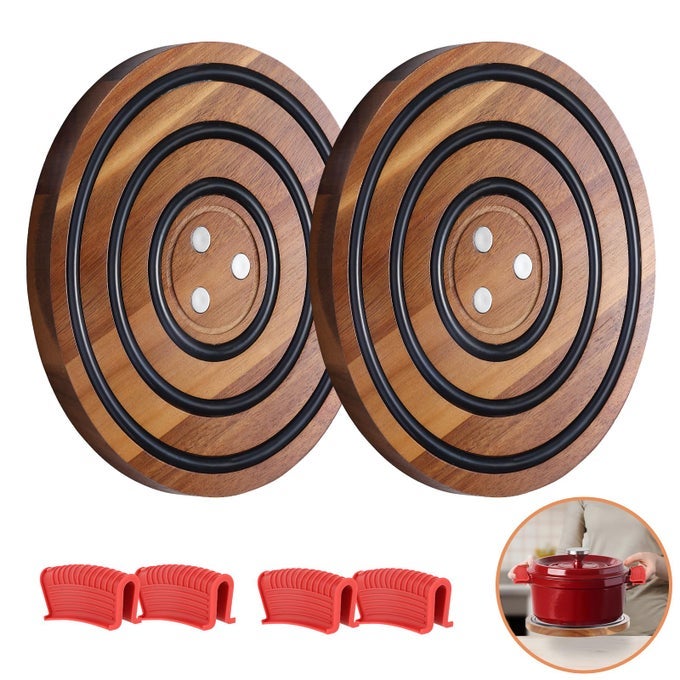 2 PCS MAGNETIC WOODEN TRIVETS ACACIA WOOD WITH BLACK SILICONE RINGS MAGNETIC POT HOLDER FOR LE CREUSET ENAMELED CAST IRON DUTCH OVEN CAST IRON SKILLETS WOOD TRIVET