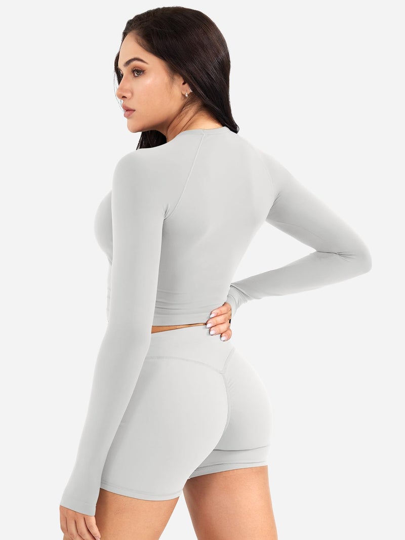YEOREO Women Workout Gym Tops Basic Long Sleeve Shirt Slim Fitted Casual Stretchy Thin Active Running Yoga Crop Top Beige S - Image 3