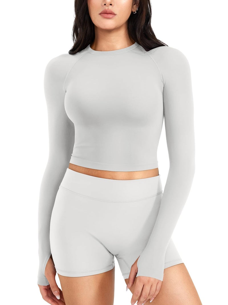 YEOREO Women Workout Gym Tops Basic Long Sleeve Shirt Slim Fitted Casual Stretchy Thin Active Running Yoga Crop Top Beige S - Image 1