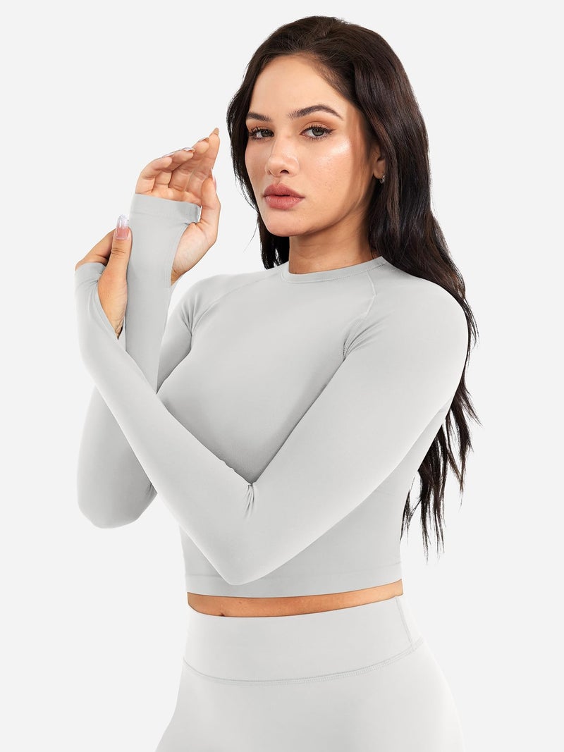YEOREO Women Workout Gym Tops Basic Long Sleeve Shirt Slim Fitted Casual Stretchy Thin Active Running Yoga Crop Top Beige S - Image 4