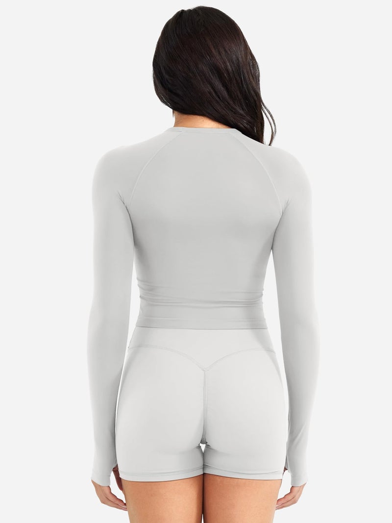 YEOREO Women Workout Gym Tops Basic Long Sleeve Shirt Slim Fitted Casual Stretchy Thin Active Running Yoga Crop Top Beige S - Image 5