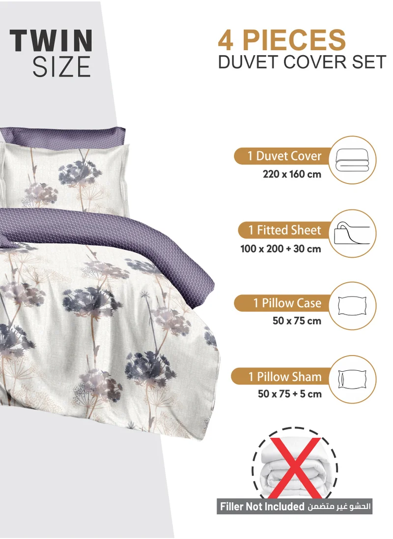 Donetella Duvet Cover Set 4-Pcs Single Size Printed Bed Set With 1 Duvet Cover(160 x 220 CM) 1 Fitted Sheet 1 Pillow Sham And 1 Pillow Case (Without Filler),Platinum