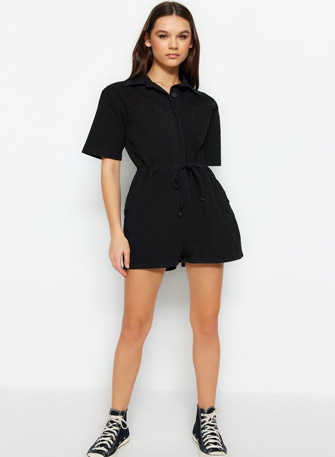 trendyol Black Waistband Denim Jumpsuit - Image 3