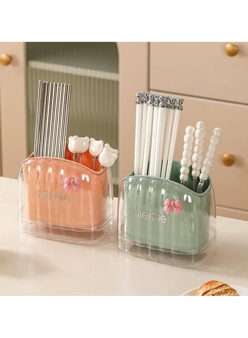 2-Compartment Acrylic Spoon and Utensil Drainer Stylish Design with Separate Base and Decorative Bow Sticker CH (random color) - Image 4