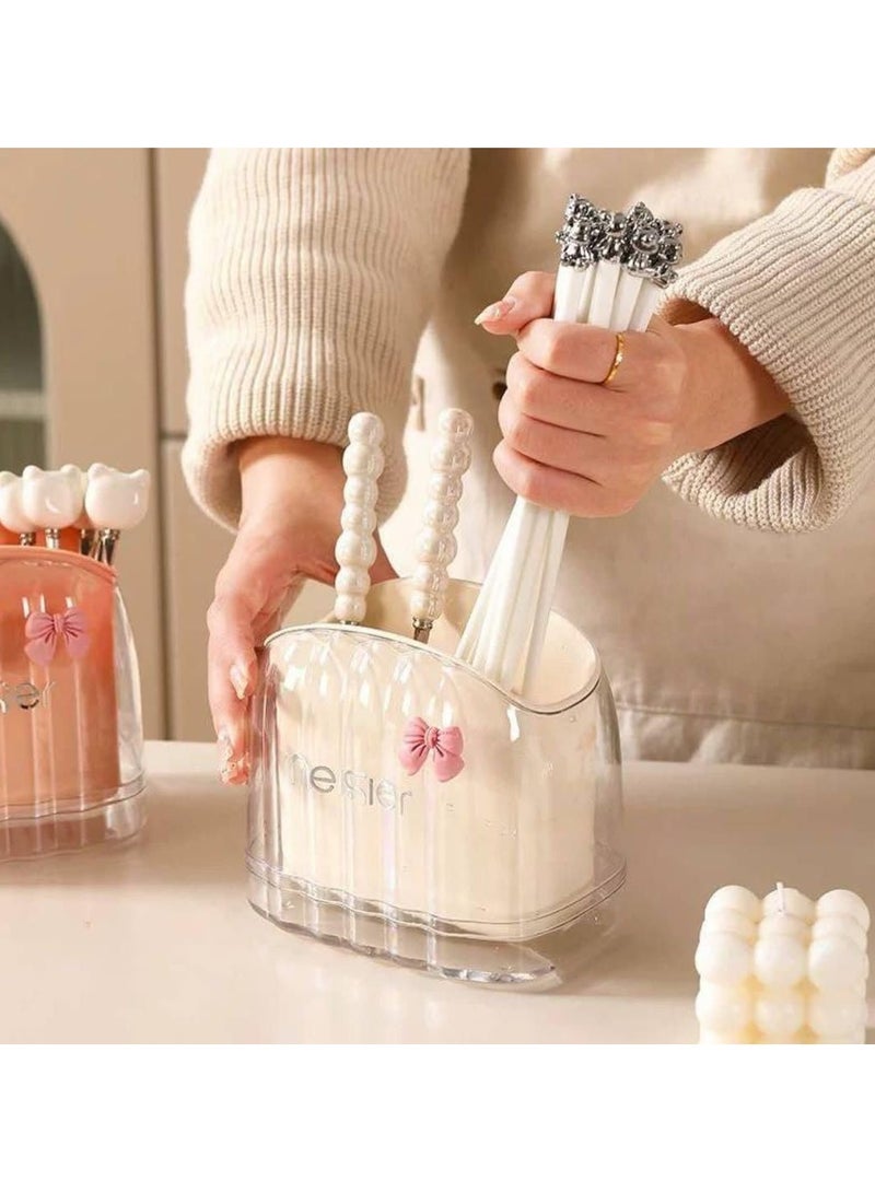 2-Compartment Acrylic Spoon and Utensil Drainer Stylish Design with Separate Base and Decorative Bow Sticker CH (random color) - Image 3