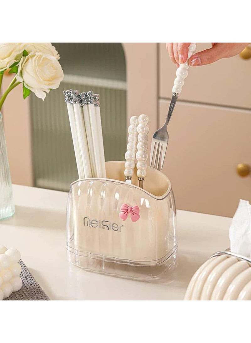 2-Compartment Acrylic Spoon and Utensil Drainer Stylish Design with Separate Base and Decorative Bow Sticker CH (random color) - Image 1