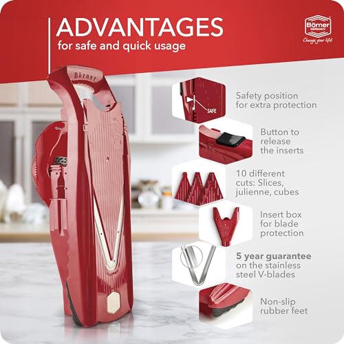 Börner Mandoline Slicer V5 (Starter Set) • Vegetable V-Slicer for Slices, Sticks & Dices in Various Sizes • With Stainless Steel V-Blade • Adjustable Kitchen Slicer • Color: Red - Image 4