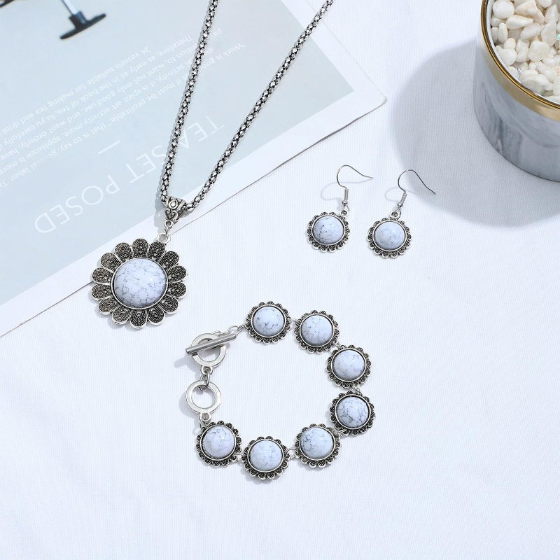 NEWITIN 19 Pieces Silver Bohemian Jewelry Set for Women Fashion Costume Jewels Turquoise Necklace Bracelet Earrings Western Turquoise Jewelry Set for Women - Image 3