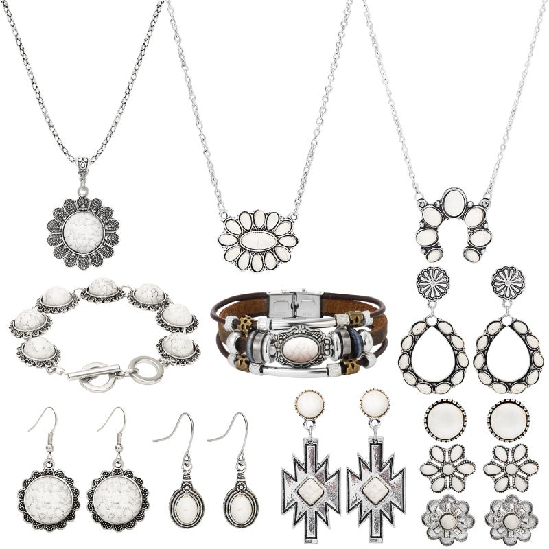 NEWITIN 19 Pieces Silver Bohemian Jewelry Set for Women Fashion Costume Jewels Turquoise Necklace Bracelet Earrings Western Turquoise Jewelry Set for Women - Image 1